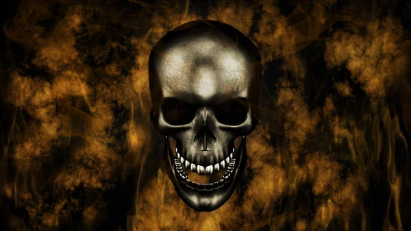 Boldog halloweent. Emberi koponya a füst és a tűz a 3d-leképezés — Stock Fotó