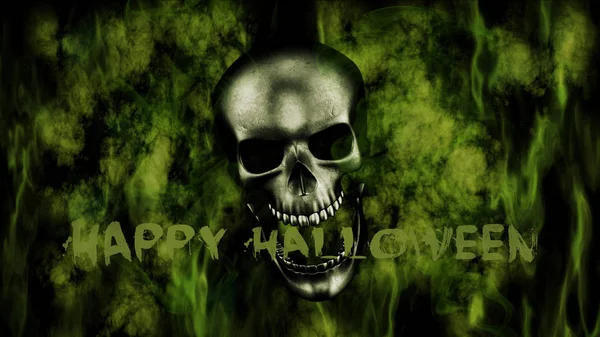 Joyeux Halloween. Crâne humain avec fumée et feu rendu 3D — Photo