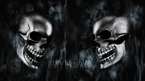 Buon Halloween. Teschi umani con fumo e fuoco 3D Rendering — Foto Stock