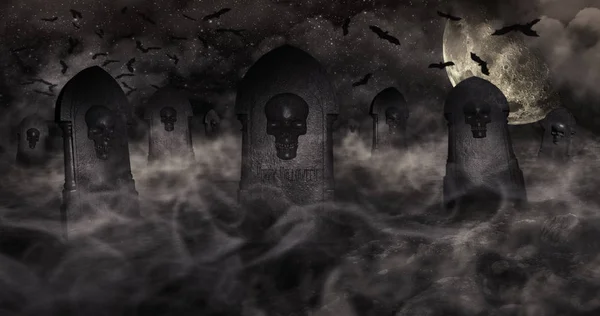 Kerkhof bij nacht met grafstenen met schedels en bewolkte hemel vol sterren op de achtergrond. Halloween Concept 3d illustratie — Stockfoto