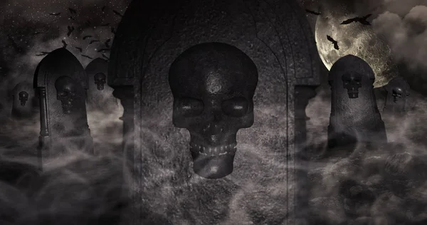 Cementerio en la noche con lápidas con cráneos y cielo nublado lleno de estrellas en el fondo. Halloween Concepto Ilustración 3D — Foto de Stock
