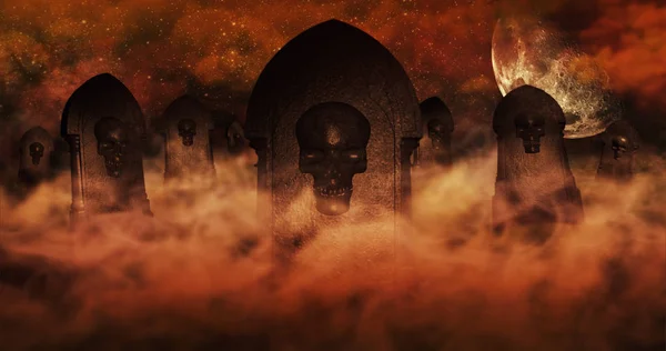 Éjjel a sírkövek, koponyák és égő temető ég tele a felhők és a csillagok a háttérben. Halloween koncepció 3D-s illusztráció — Stock Fotó