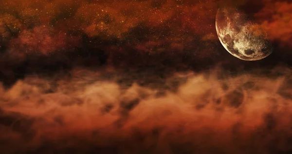 지상 및 불타는 하늘 위의 안개 구름과 별 가득한. 할로윈 개념 배경 3d 그림 — 스톡 사진