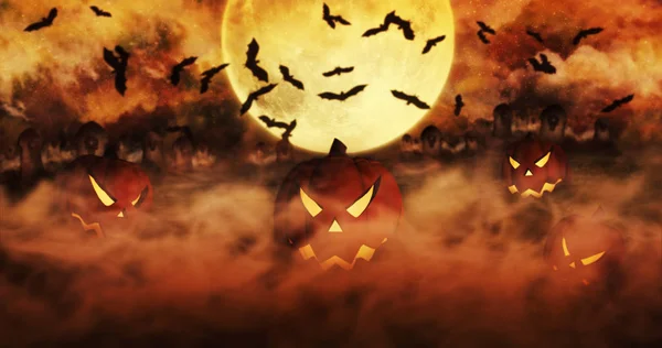 Halloween tök: A temető emelkedik a a köd, felhők és a Hold a háttérben 3D-s illusztráció — Stock Fotó