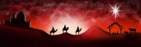 Kerst kerststal van drie wijze mannen Magi gaat ontmoeten Ba — Stockfoto