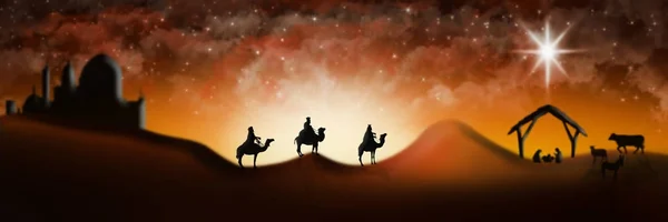 Boże Narodzenie szopka z trzech mędrców Magi zamiar spotkać Ba — Zdjęcie stockowe