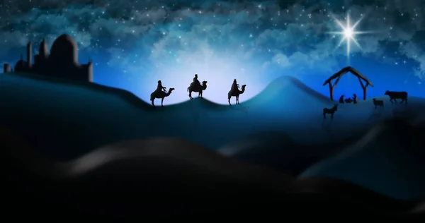 Christmas Nativity Scene Of Three Wise Men Magi Going To Meet Ba — Stock Photo, Image