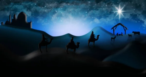 Christmas Nativity Scene Of Three Wise Men Magi Going To Meet Ba — Stock Photo, Image