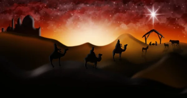 Belén de Navidad de tres Reyes Magos se reunirán con el Niño Jesús en el Pesebre con la Ciudad de Belén a lo lejos Ilustración — Foto de Stock
