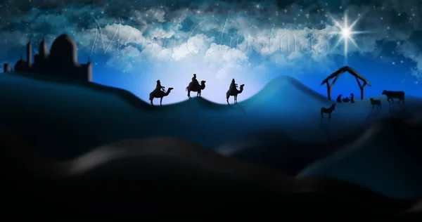 Kerst kerststal van drie wijze mannen Magi gaat ontmoeten Ba — Stockfoto
