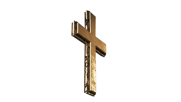 Cruz cristiana dorada aislada sobre fondo blanco 3D renderizado — Foto de Stock