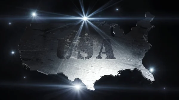 Mapa de Estados Unidos de América en el espacio con bengalas y estrellas 3D Rendering — Foto de Stock