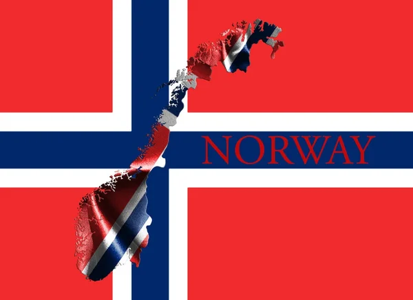 Bandeira da Noruega. Cruz Escandinava Azul Sobre o Dannebrog Com Mapa Norueguês e Nome do País Nele ilustração 3D — Fotografia de Stock