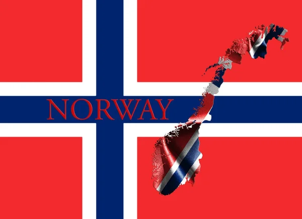 Bandera de Noruega. Cruz azul escandinava sobre el Dannebrog con mapa noruego y nombre del país en él Ilustración 3D —  Fotos de Stock