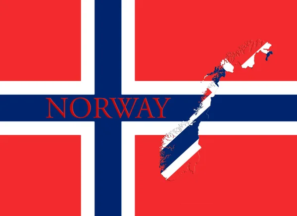 Bandera de Noruega. Cruz azul escandinava sobre el Dannebrog con mapa noruego y nombre del país en él Ilustración 3D —  Fotos de Stock