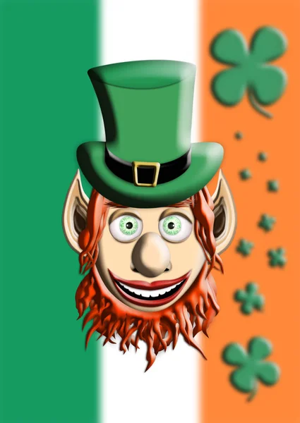 Il giorno di San Patrizio. Leprechaun con cappello verde contro bandiera irlandese e quadrifoglio sfondo illustrazione 3D — Foto Stock