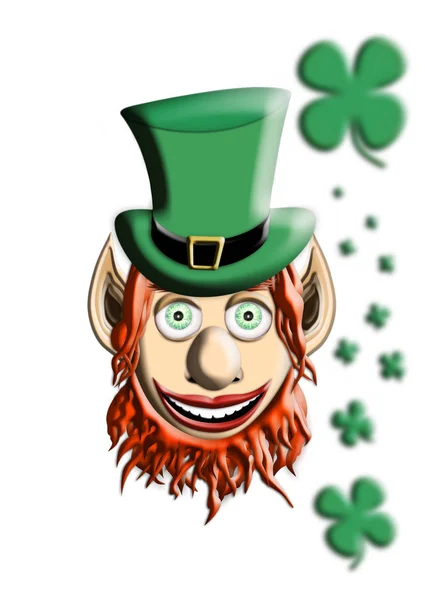 St Patrick's Day. Leprechaun With Green Hat and Four Leaf Clover Isolated On White Background 3D illustration — Stock Photo, Image