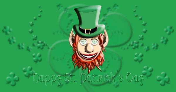 День Святого Патрика. Лепрекон в зеленой шляпе против ирландского четырехлистного клевера Фон 3D иллюстрация — стоковое фото