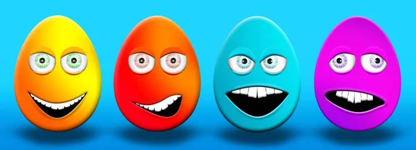 复活节彩蛋与眼睛和嘴巴感觉快乐, 困惑, 愤怒和愚蠢的3d 插图 — 图库照片