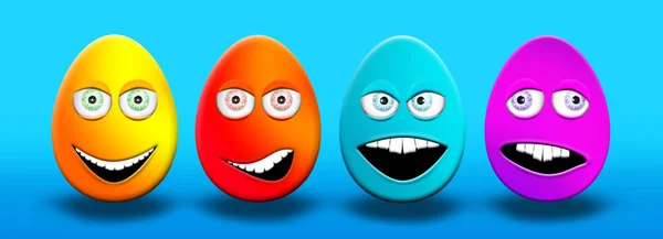 Ostereier mit Augen und Mund, die sich glücklich, verwirrt, wütend und dumm fühlen 3D-Illustration — Stockfoto