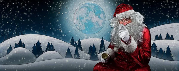 Санта-Клаус в снежных полях с иллюстрацией полнолуния и звездного неба — стоковое фото