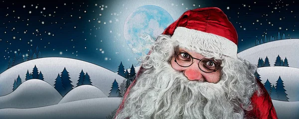 Papai Noel em campos de neve com lua cheia e céu estrelado ilustração — Fotografia de Stock