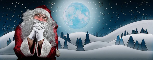Papai Noel em campos de neve com lua cheia e céu estrelado ilustração — Fotografia de Stock