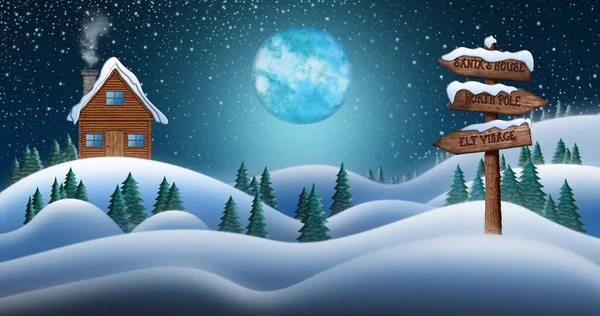Santa Clause House in Snow Fields W zimową noc Bożego Narodzenia z kierunkowym znakiem prowadzącym do Elf Village, Biegun Północny i Santa House — Zdjęcie stockowe