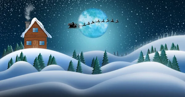 Santa Clause et rennes traînant dans la nuit de Noël sur les champs de neige et la maison du Père Noël au pôle Nord — Photo