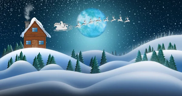 Mikulás klauzula és rénszarvasok szánkóznak át karácsony éjszakáján a hómezők felett és Mikulások háza az Északi-sarkon — Stock Fotó