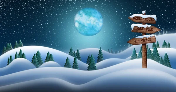 La nuit de Noël et les champs de neige avec panneau directionnel menant au village des elfes, au pôle Nord et à la maison du Père Noël — Photo