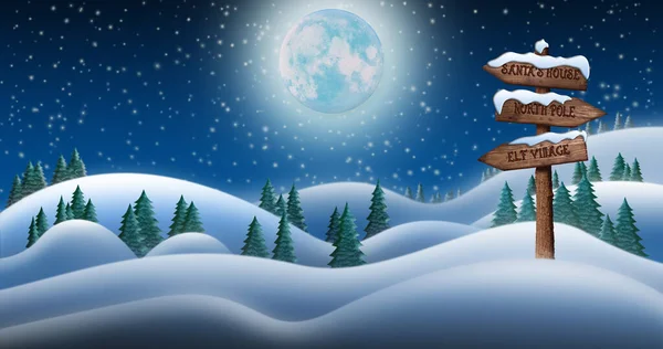 La nuit de Noël et les champs de neige avec panneau directionnel menant au village des elfes, au pôle Nord et à la maison du Père Noël — Photo