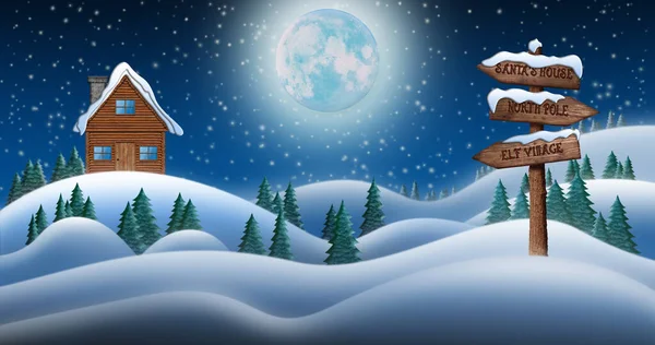 Télapó Clause House in Snow Fields in Winter Christmas Night Irányjelzés vezet Tünde falu, Északi-sark és Mikulás ház — Stock Fotó