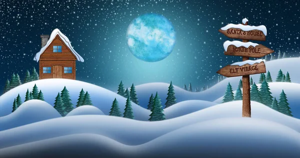 Kerstman huis in de sneeuw velden in de winter Kerstavond met richtingaanwijzer leidt naar Elf dorp, Noordpool en Santas huis — Stockfoto