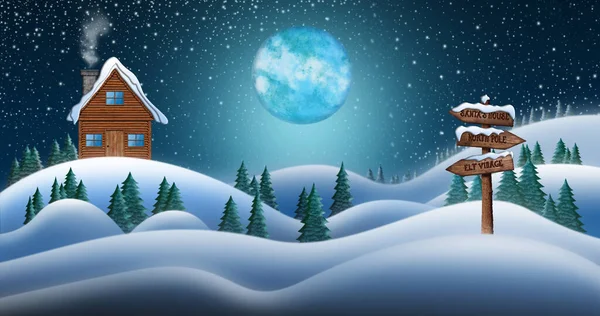 Maison de Santa Clause dans les champs de neige dans la nuit de Noël d'hiver avec signe directionnel menant au village elfe, au pôle Nord et à la maison de Santas — Photo