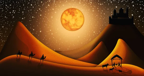 Vánoční scéna tří moudrých Magi bude na splnění Baby Ježíšovo narození v jeslích se město Betlém v dálce ilustrace — Stock fotografie
