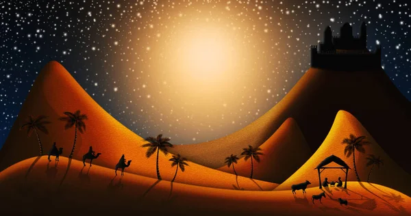 Jul Födelsekyrkan scen av tre vise män Magi kommer att möta Jesusbarnet i krubban med om staden Betlehem i fjärran Illustration — Stockfoto