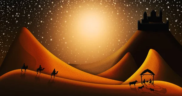 Vánoční scéna tří moudrých Magi bude na splnění Baby Ježíšovo narození v jeslích se město Betlém v dálce ilustrace — Stock fotografie