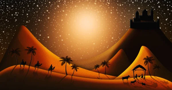 Belén de Navidad de tres Reyes Magos se reunirán con el Niño Jesús en el Pesebre con la Ciudad de Belén a lo lejos Ilustración —  Fotos de Stock
