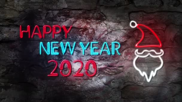 祝2020年新年快乐 闪烁的霓虹灯与圣诞老人对抗砖墙 — 图库视频影像