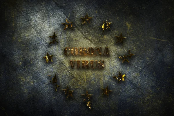 Coronavirus Covid 19大流行病在整个欧盟的流行 被感染的欧盟旗帜 日冕细菌和受感染的恒星说明 — 图库照片