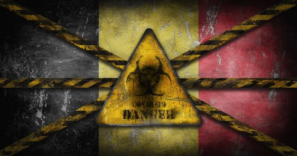 Coronavirus Covid 19爆发 磨损的黄色生物危害 比利时国旗上的警告标志 检疫警报 感染区锁定3D图解 — 图库照片