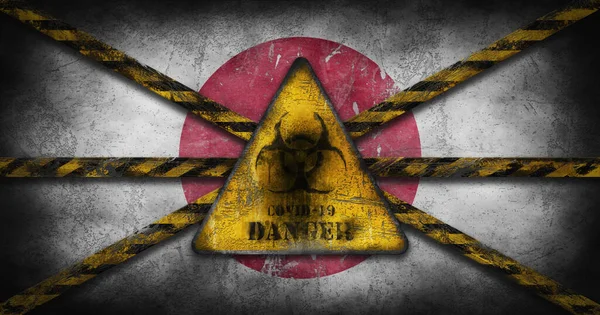 Коронавірус Covid Жовтий Біонебезпеки Небезпека Попереджальний Знак Над Прапором Японії — стокове фото