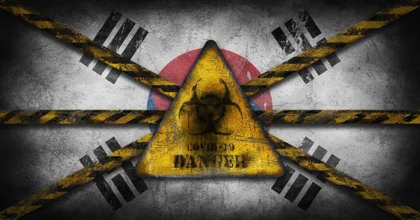 コロナウイルスCovid 19感染症 韓国の旗の上に黄色のバイオハザード 警告標識を着用 制限区域隔離警報 感染ゾーンロックダウン3Dイラスト — ストック写真
