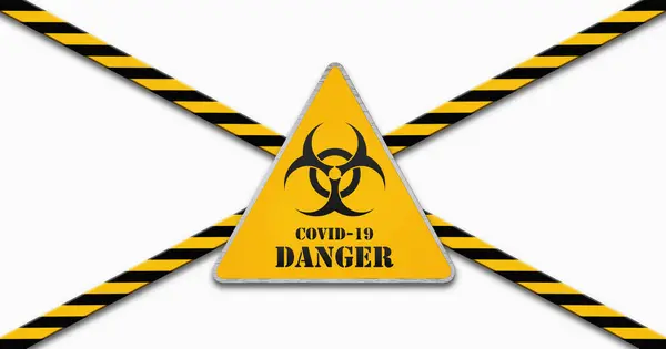 Coronavirus Covid Uitbraak Geel Biogevaar Gevaar Waarschuwingsbord Waarschuwingstape Infected Zone — Stockfoto