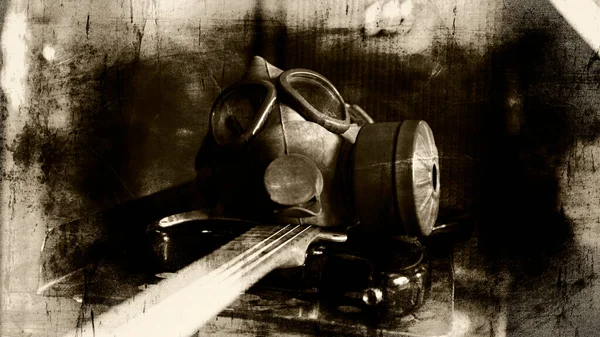 Military Gas Mask on a electric guitar in dark ambient. Coronavirus, Covid19 pandemic prevention. Toxic, biohazard and infection danger. Apocalyptic musicology concept
