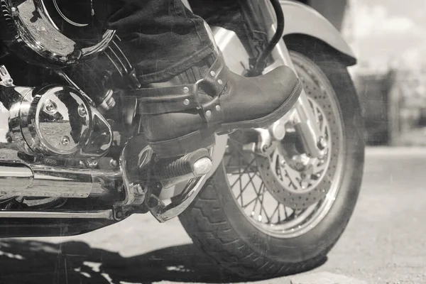 Biker Riding Motorcycle Bottom View Legs Leather Cowboy Boots Vintage — Stock Photo, Image