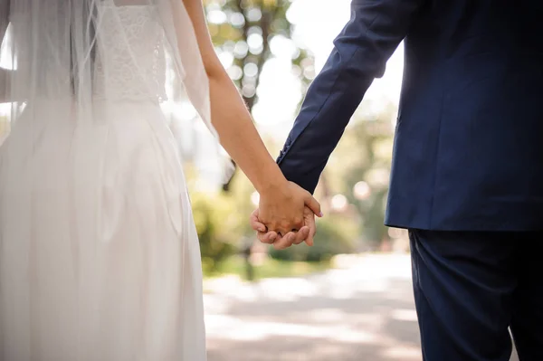 Visão traseira da noiva e do noivo segurando as mãos uns dos outros ao ar livre — Fotografia de Stock