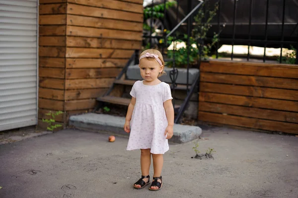 Malá holčička s vážným výrazem oblečený v roztomilé růžové šaty — Stock fotografie
