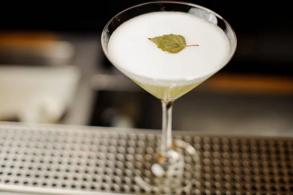 Элегантный коктейльный бокал со свежим алкогольным напитком, украшенный березовым листом — стоковое фото